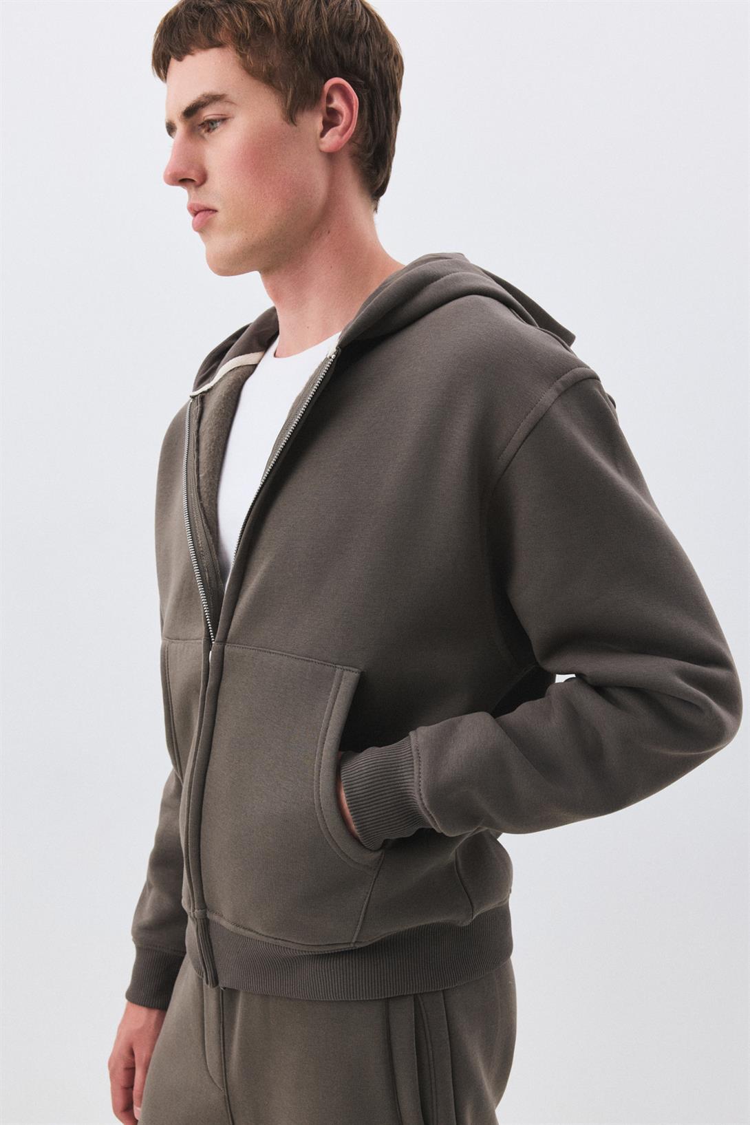 Erkek Premium Fermuarlı Kapşonlu Sweatshirt Antrasit 2032