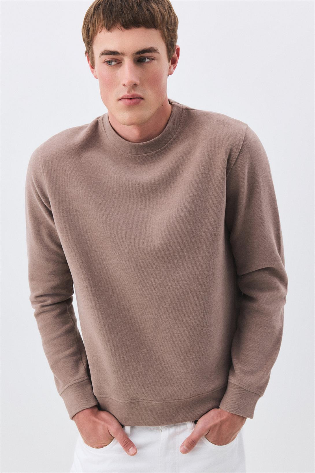 Erkek Slim Fit Pamuklu Selanik Kumaş Bisiklet Yaka Sweatshirt Camel