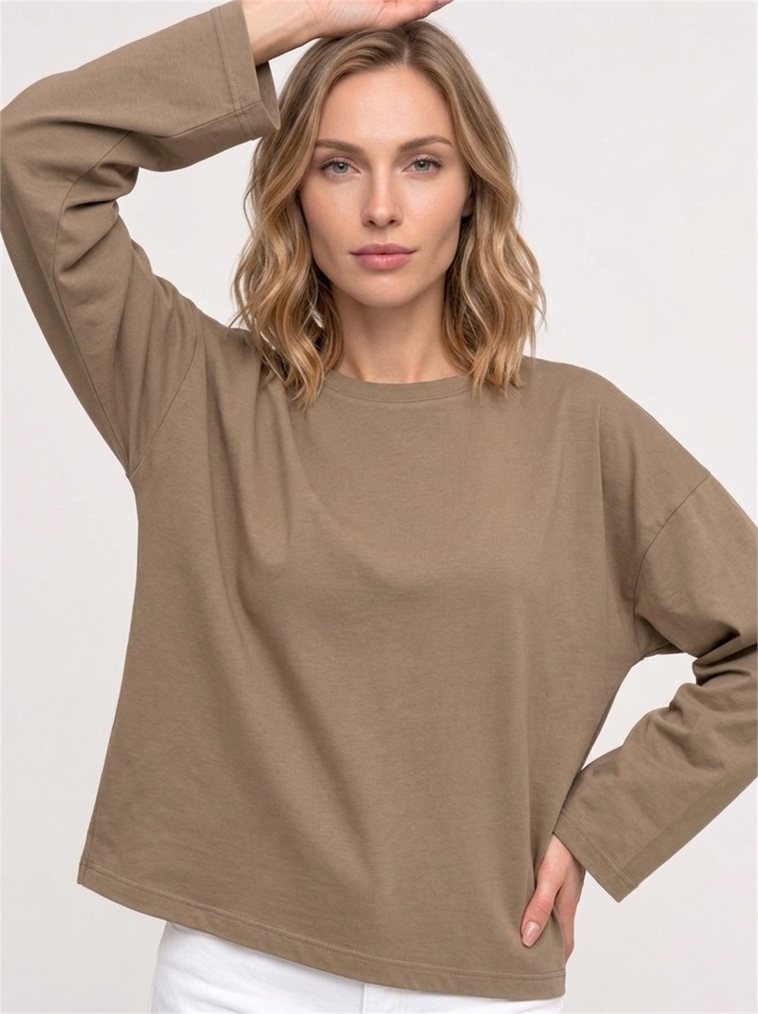 Kadın %100 Pamuk Bisiklet Yaka Uzun Kollu T-shirt Vizon