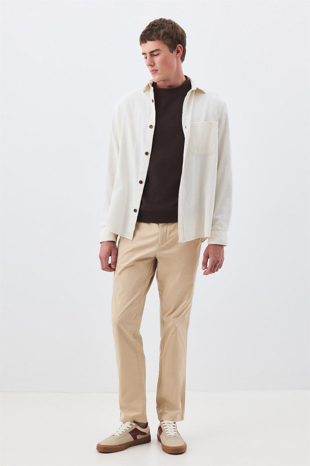 Erkek Slim Fit Pamuklu Selanik Kumaş Bisiklet Yaka Sweatshirt Kahverengi