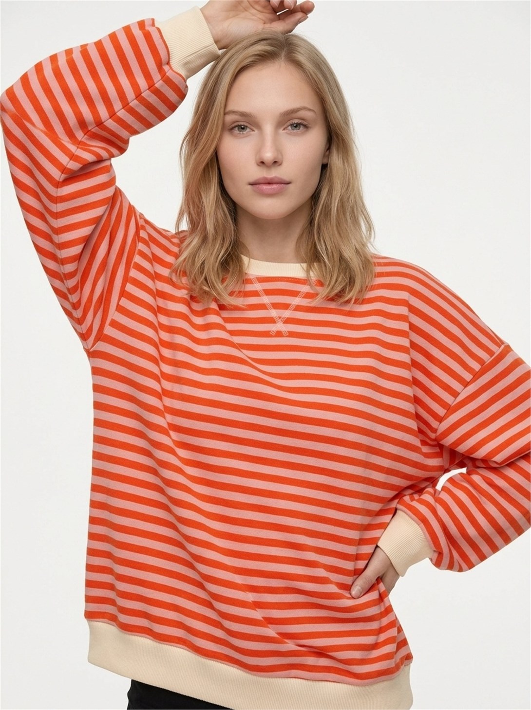 Kadın Çizgili Ribanalı Oversize Sweatshirt Turuncu Pembe 