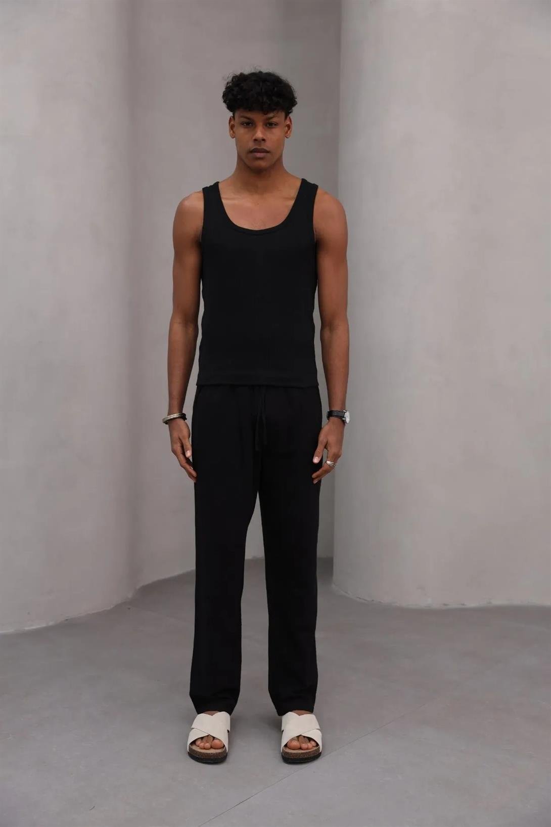 Erkek Premium Rahat Kesim %100 Cotton Bağcıklı Erkek Pantolon Siyah