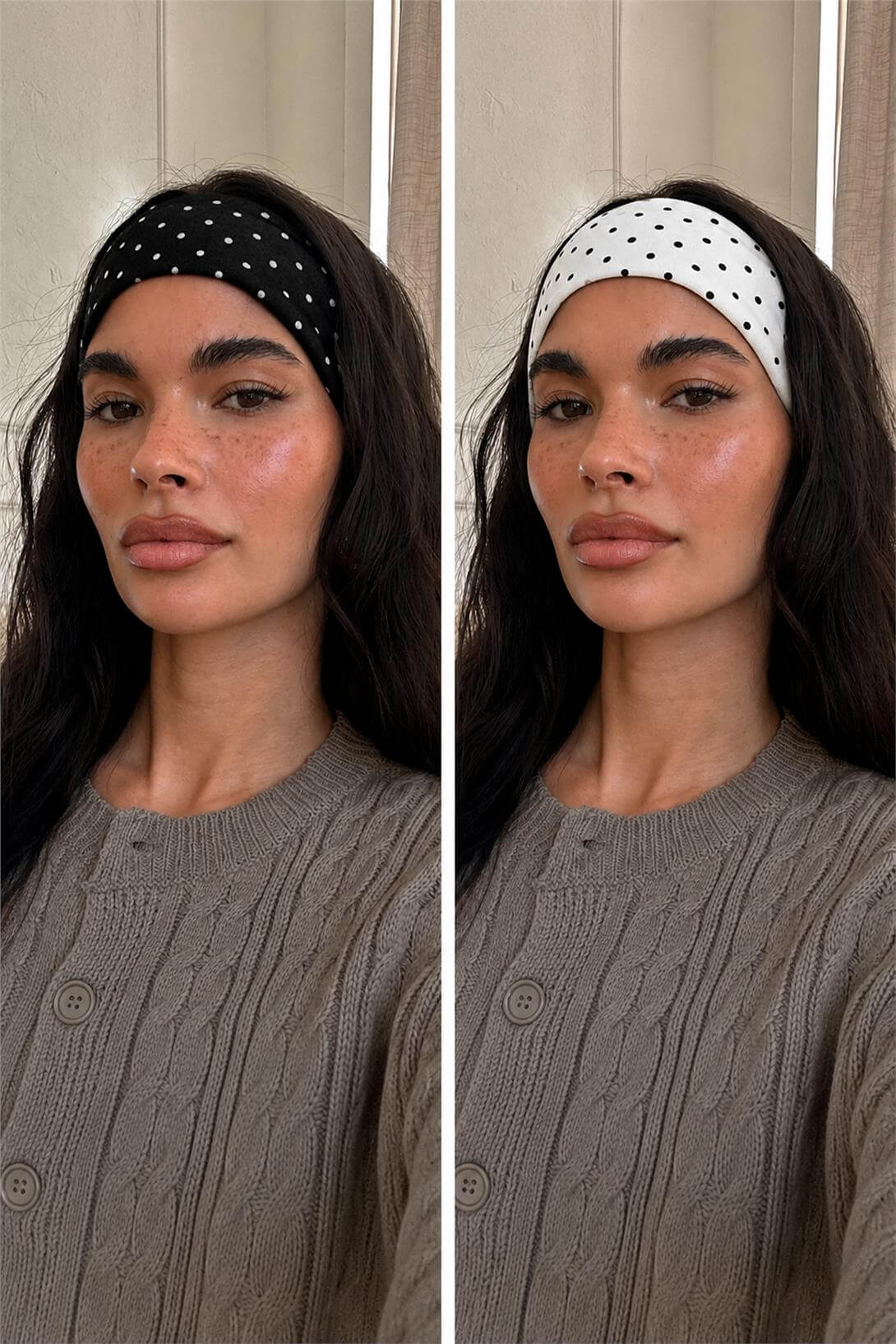 Kadın 2li Pamuklu Esnek Bandana Seti Puantiyeli Beyaz Puantiyeli Siyah