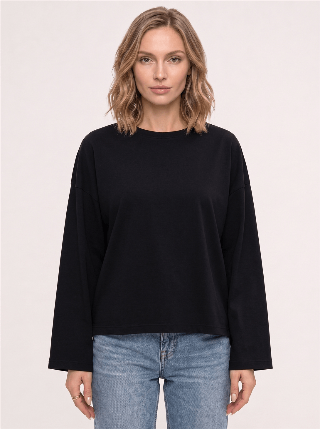 Kadın %100 Pamuk Bisiklet Yaka Uzun Kollu T-shirt Siyah