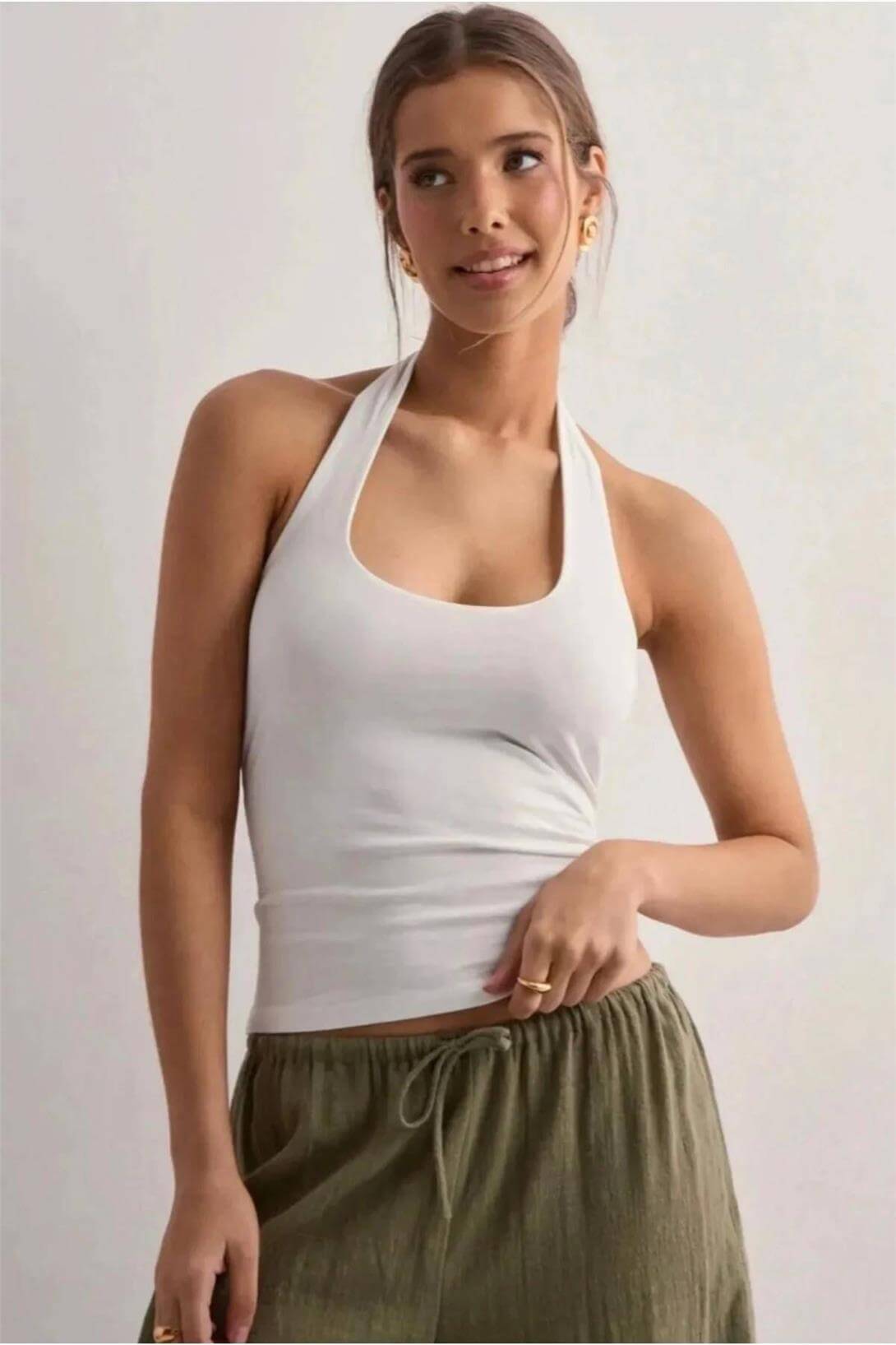 Kadın Halter Yaka Crop Top Body Beyaz