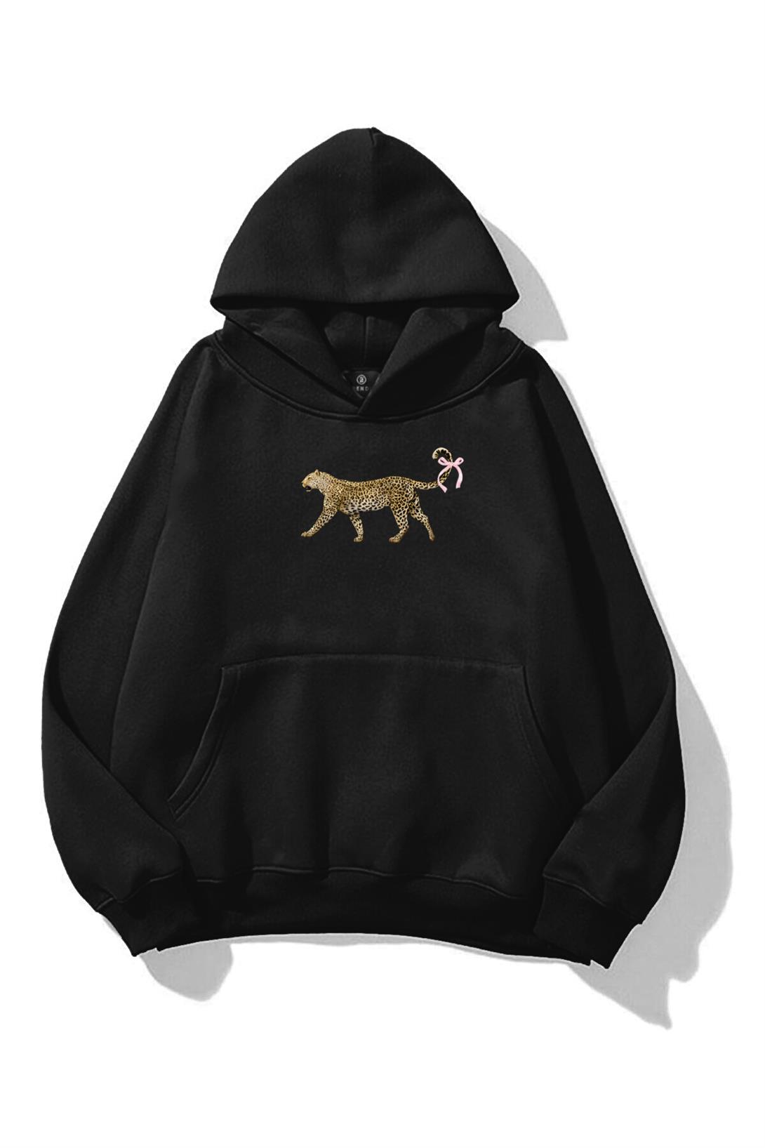 Kadın Leopar Kuyruk Kurdele Sweatshirt Siyah