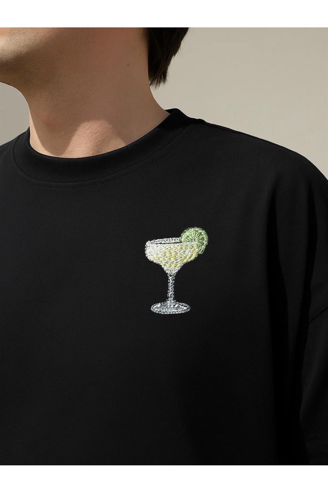 Unisex Premium Margarita Nakışlı Tshirt Siyah