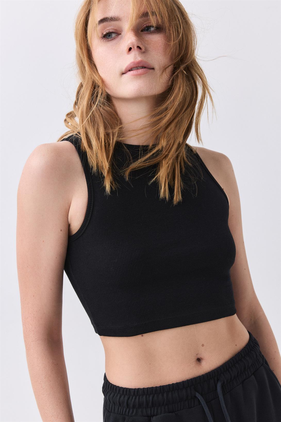 Kadın Pamuklu Fitilli Esnek Kumaşlı Crop Bluz Siyah 9014