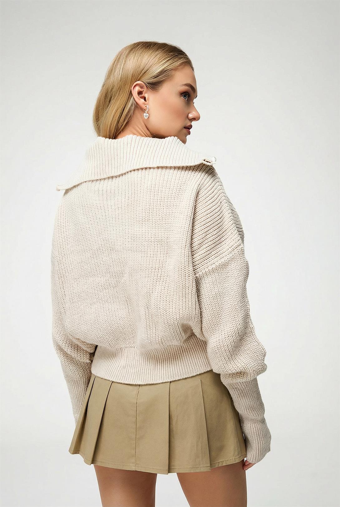 Kadın Fermuarlı Balıkçı Yaka Triko Hırka Kemik 6919