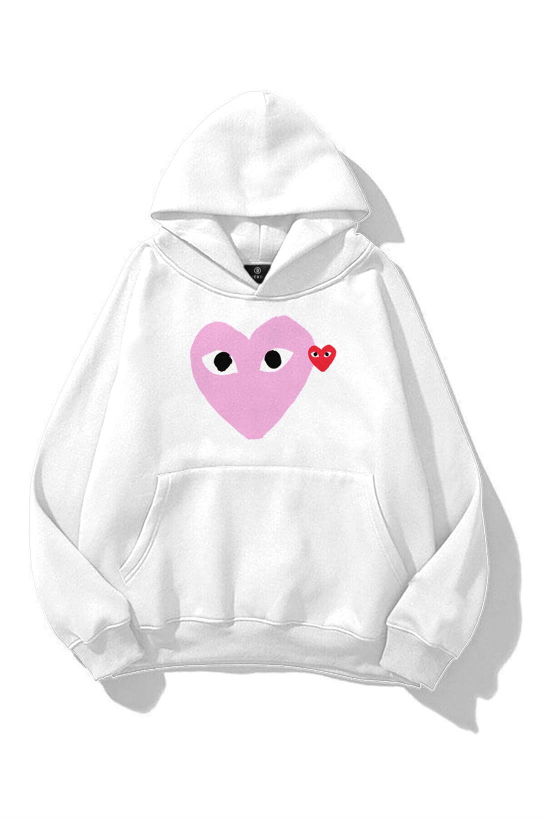 Kadın Pembe Kırmızı Kalp Sweatshirt Beyaz