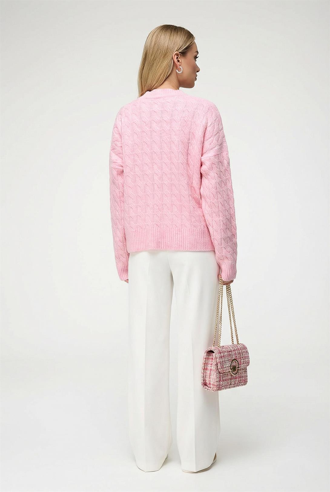 Kadın Baklava Desenli Kazak Pembe