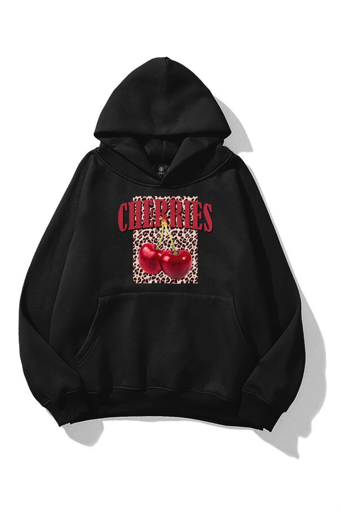 Kadın Cherries Leopar Sweatshirt Siyah