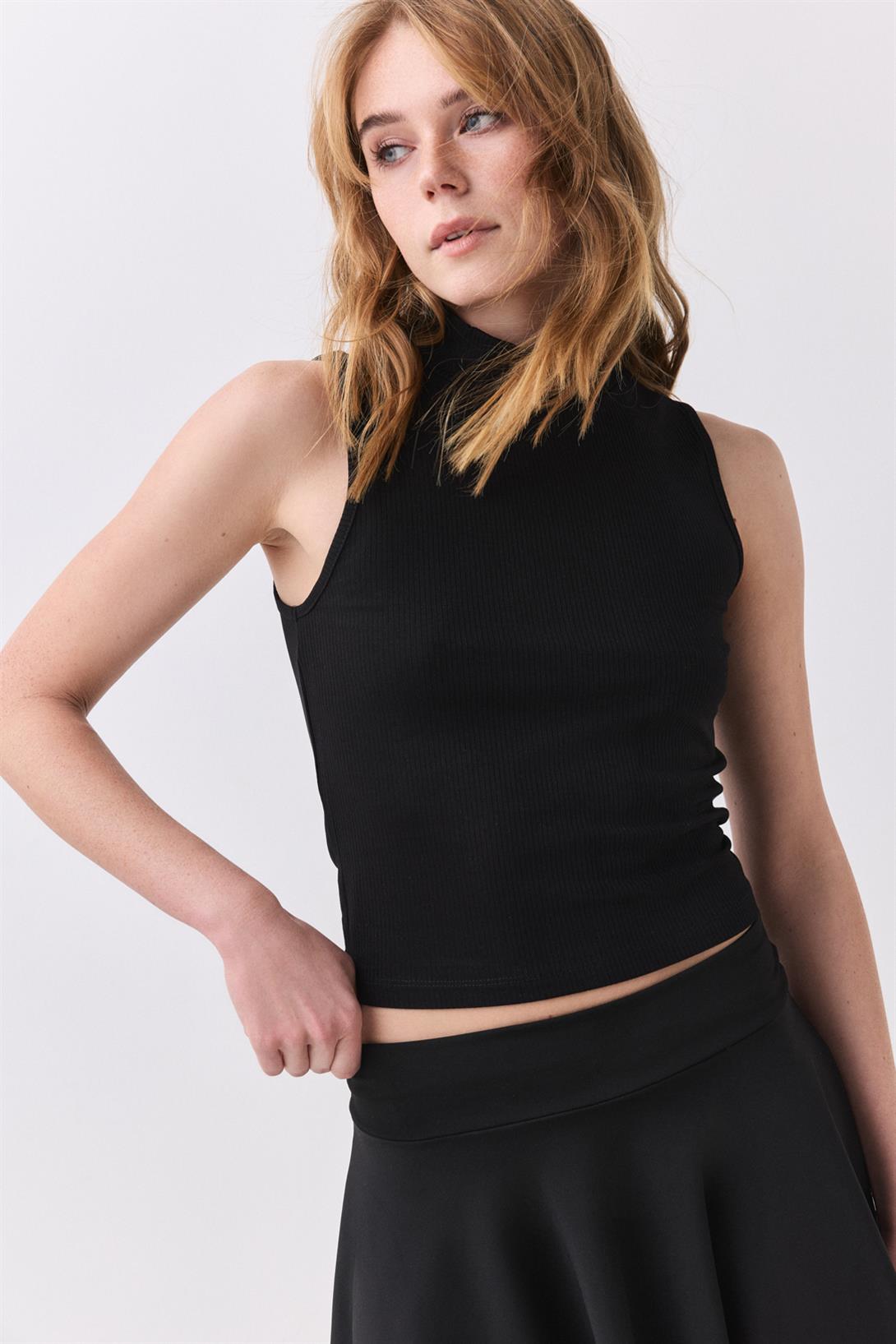 Kadın Viskon Likra Balıkçı Yaka Sıfır Kol Bluz Siyah 4011