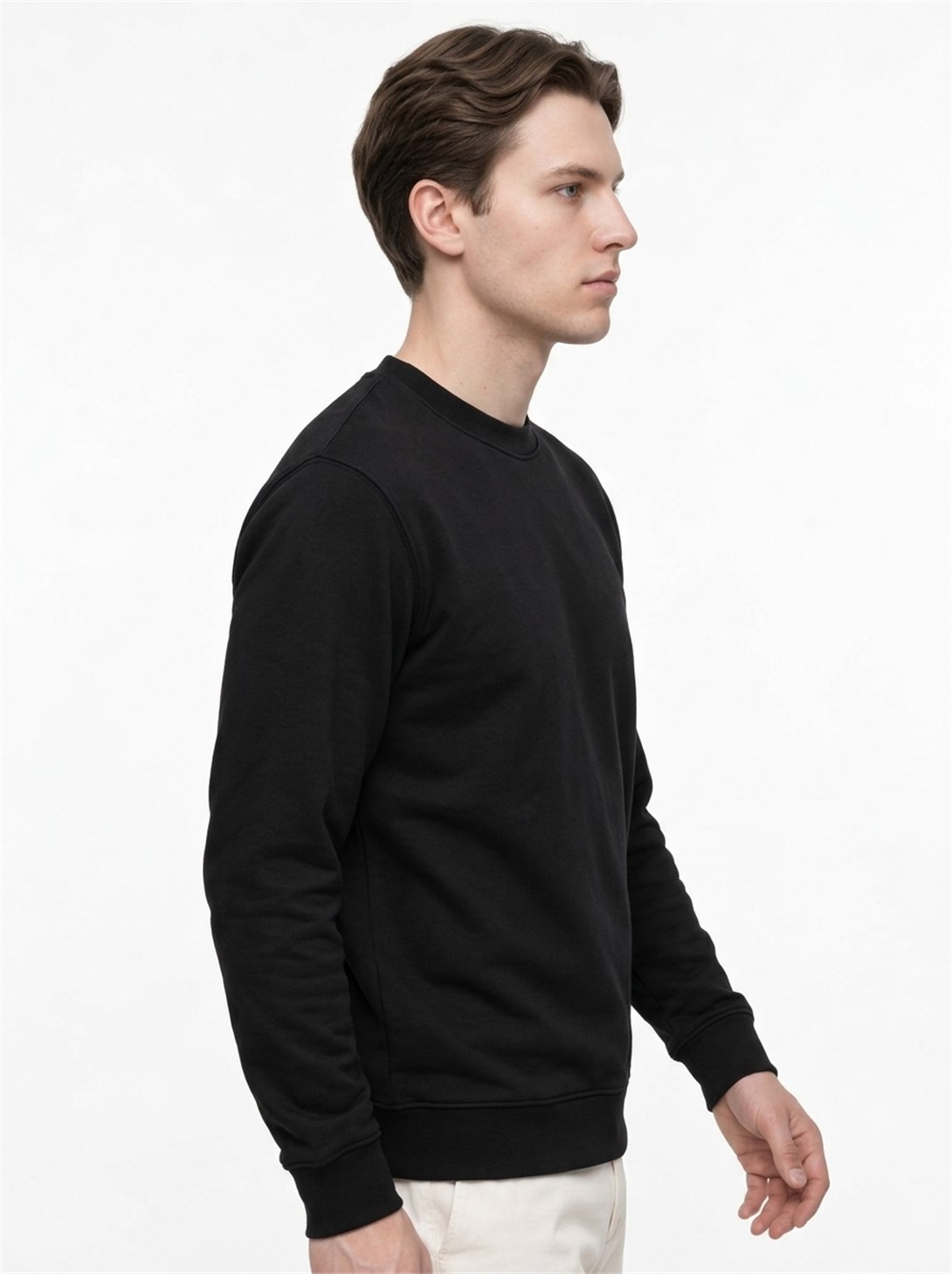 Erkek Standart Fit Normal Kesim 2 İplik Bisiklet Yaka Sweatshirt Siyah