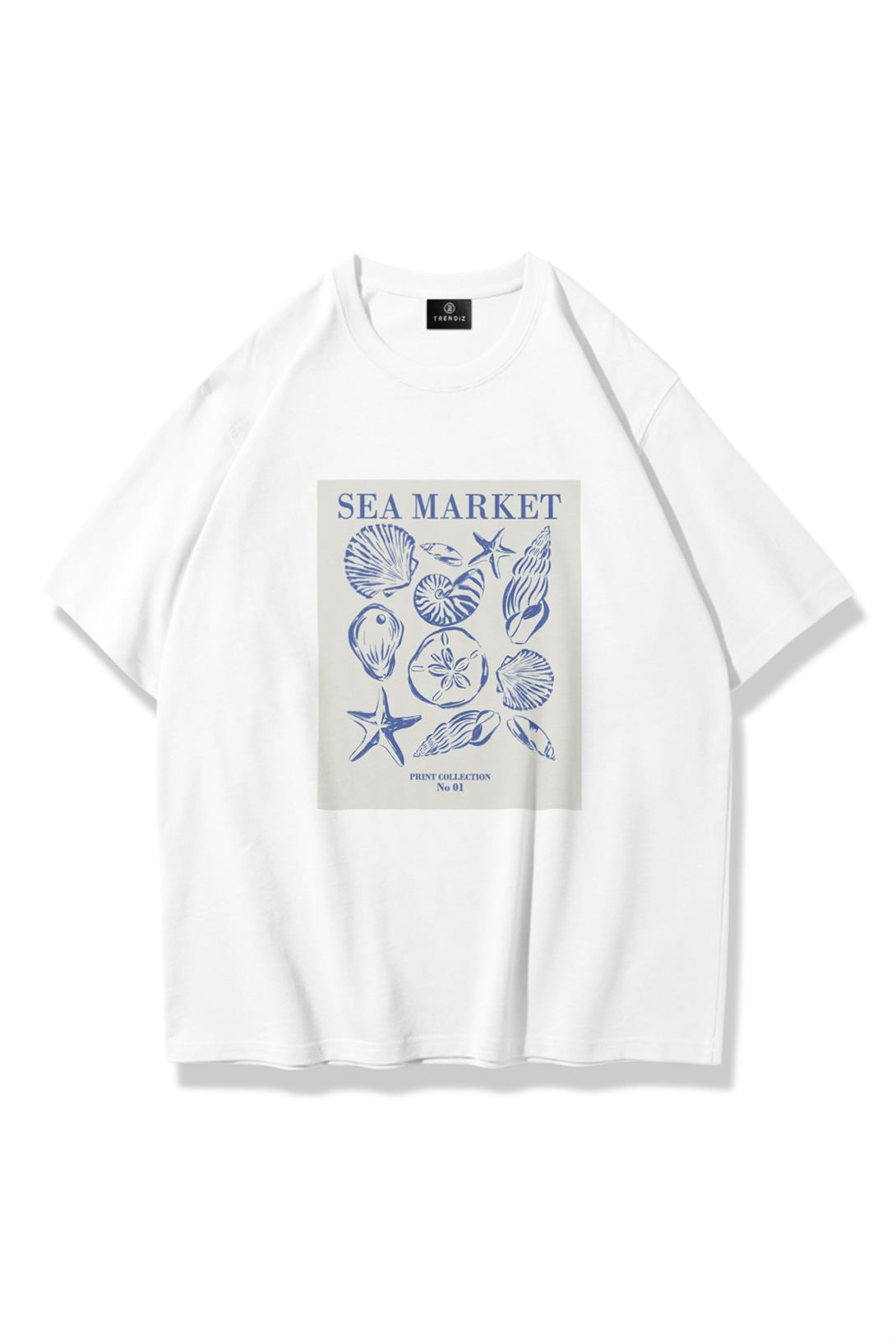 Unisex Sea Market Tshirt Beyaz