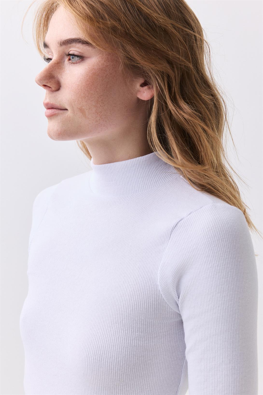 Kadın Balıkçı Yaka Uzun Kollu Bluz Beyaz 9021