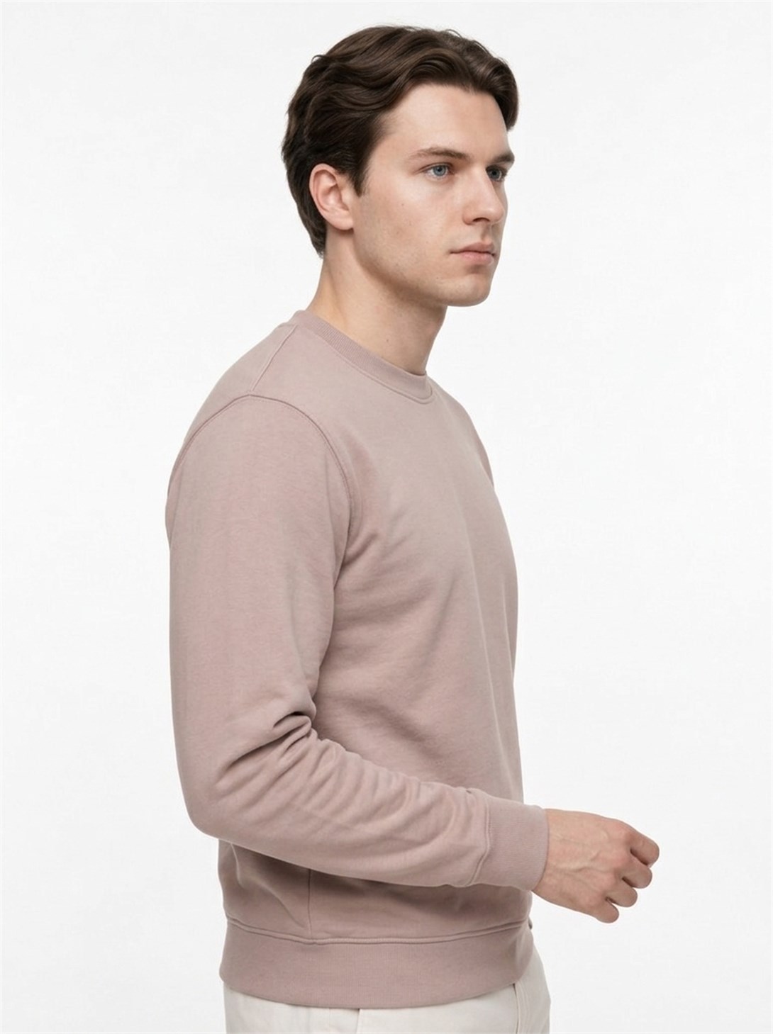Erkek Standart Fit Normal Kesim 2 İplik Bisiklet Yaka Sweatshirt Vizon