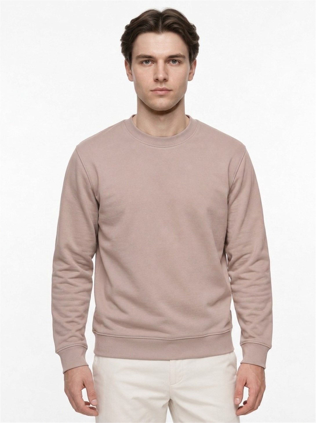 Erkek Standart Fit Normal Kesim 2 İplik Bisiklet Yaka Sweatshirt Vizon