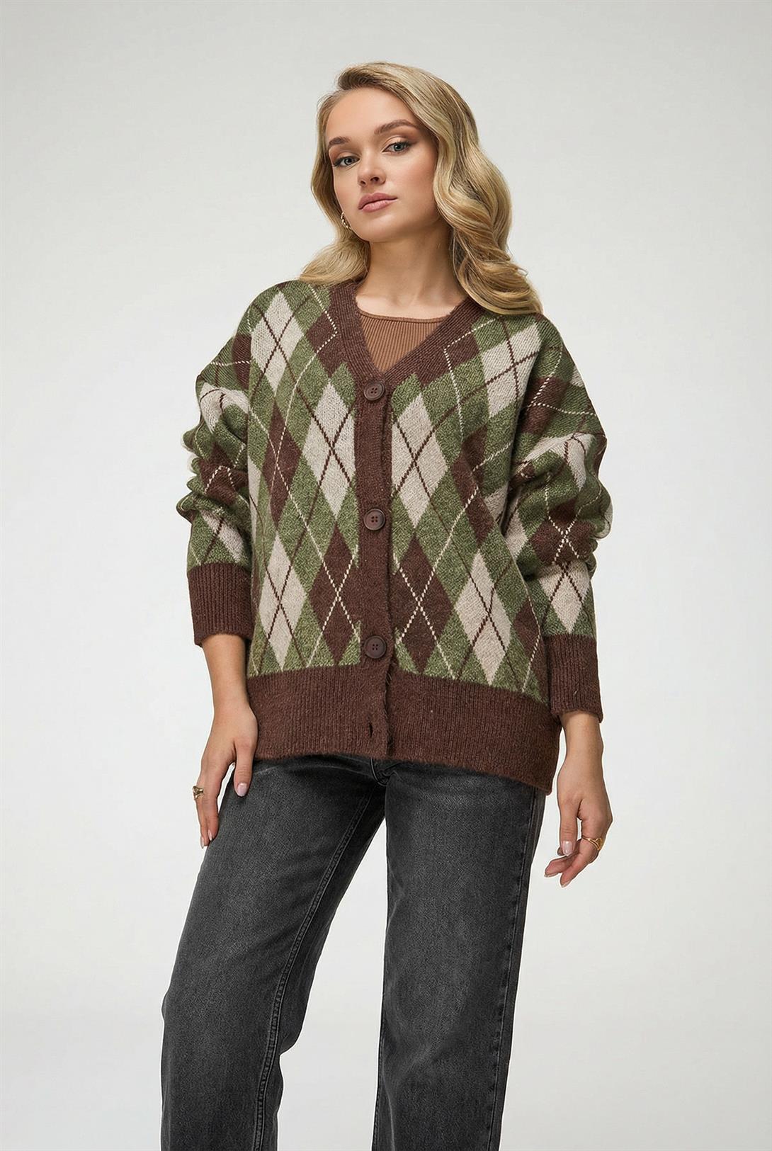 Kadın Baklava Desenli Oversize Triko Hırka Haki 6937