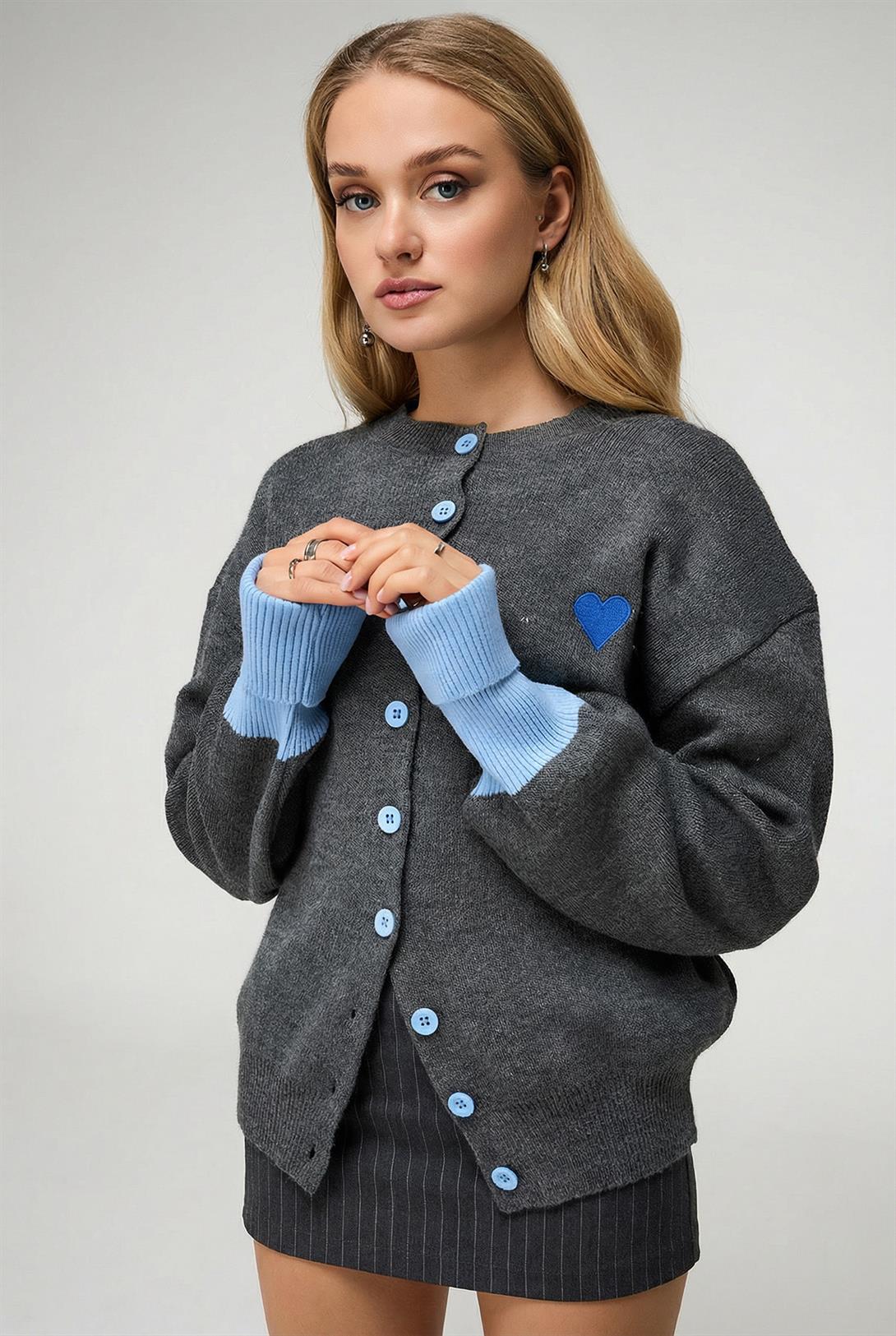 Kadın Mavi Kol Detaylı Düğmeli Hırka Kazak Antrasit
