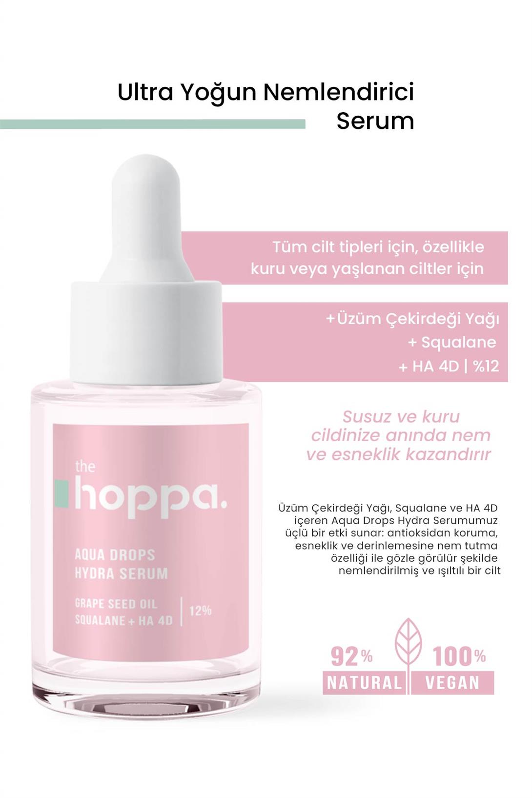 Cildin Doğal Nemlendiricilerini İçeren Ultra Yoğun Nemlendiricili Serum Üzüm Çekirdeği Yağı + Squalane + Hyaluronik Asit 4D | %12 - 30 ML