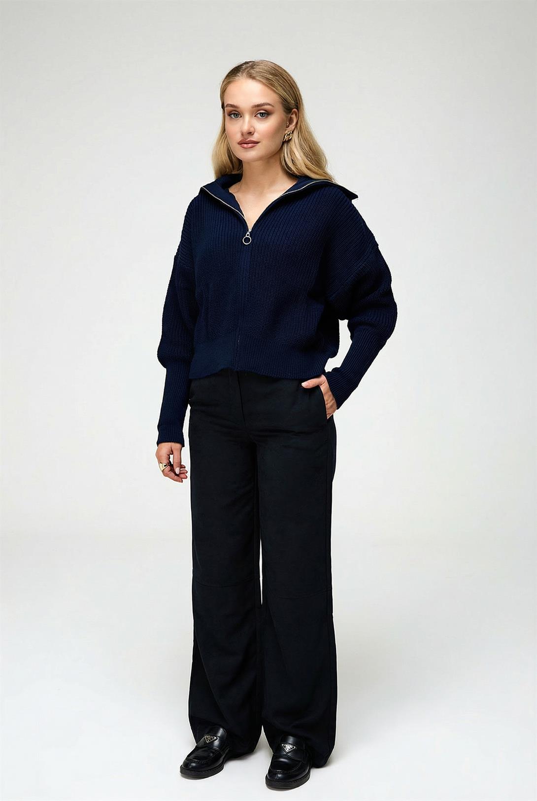Kadın Fermuarlı Balıkçı Yaka Triko Hırka Lacivert 6919