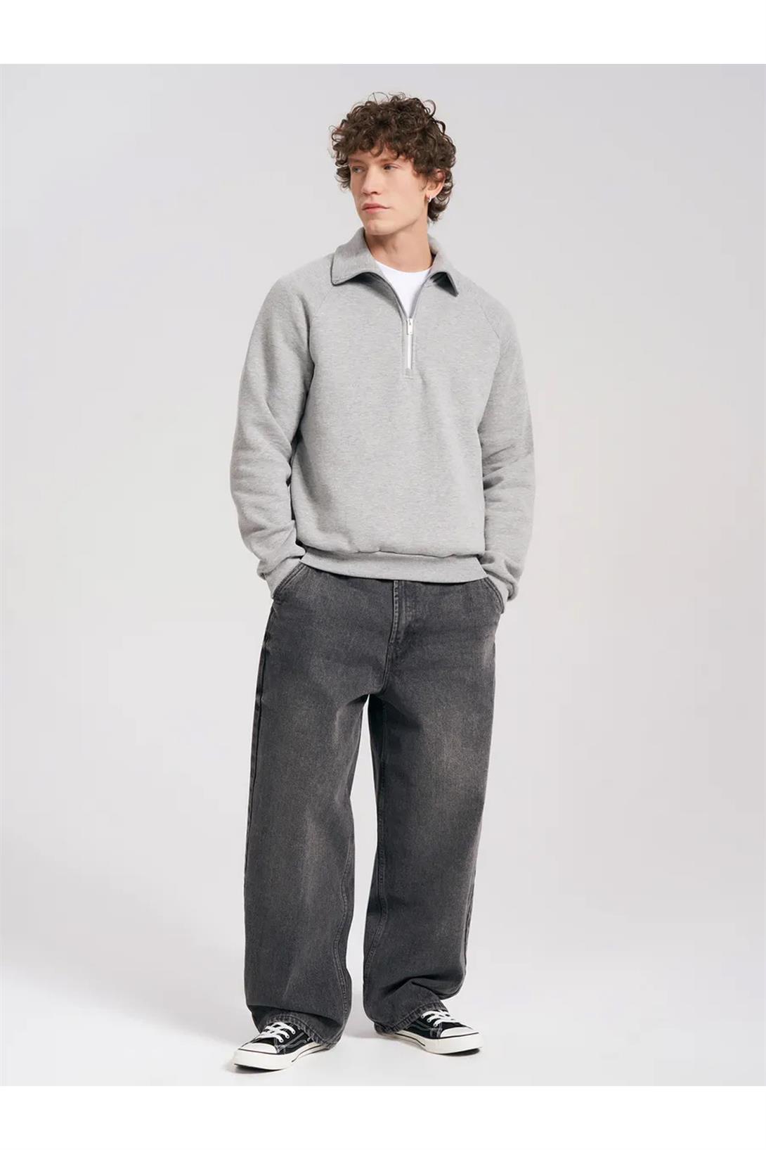 Unisex Relaxed Fit Yarım Fermuarlı Dik Yaka Sweatshirt Gri melanj 2052