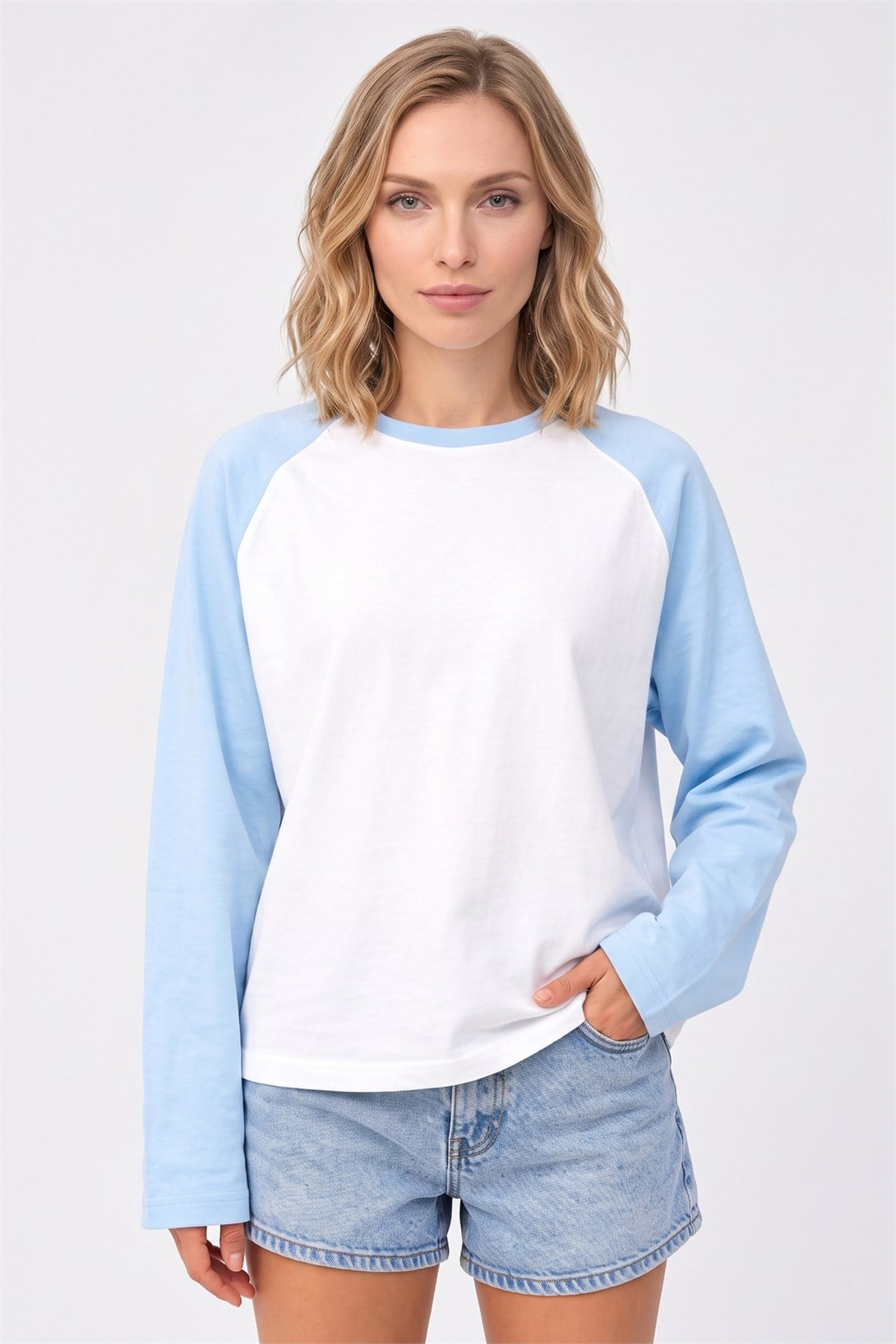 Kadın Reglan Kol Uzun Kollu Interlok T-Shirt Mavi Beyaz