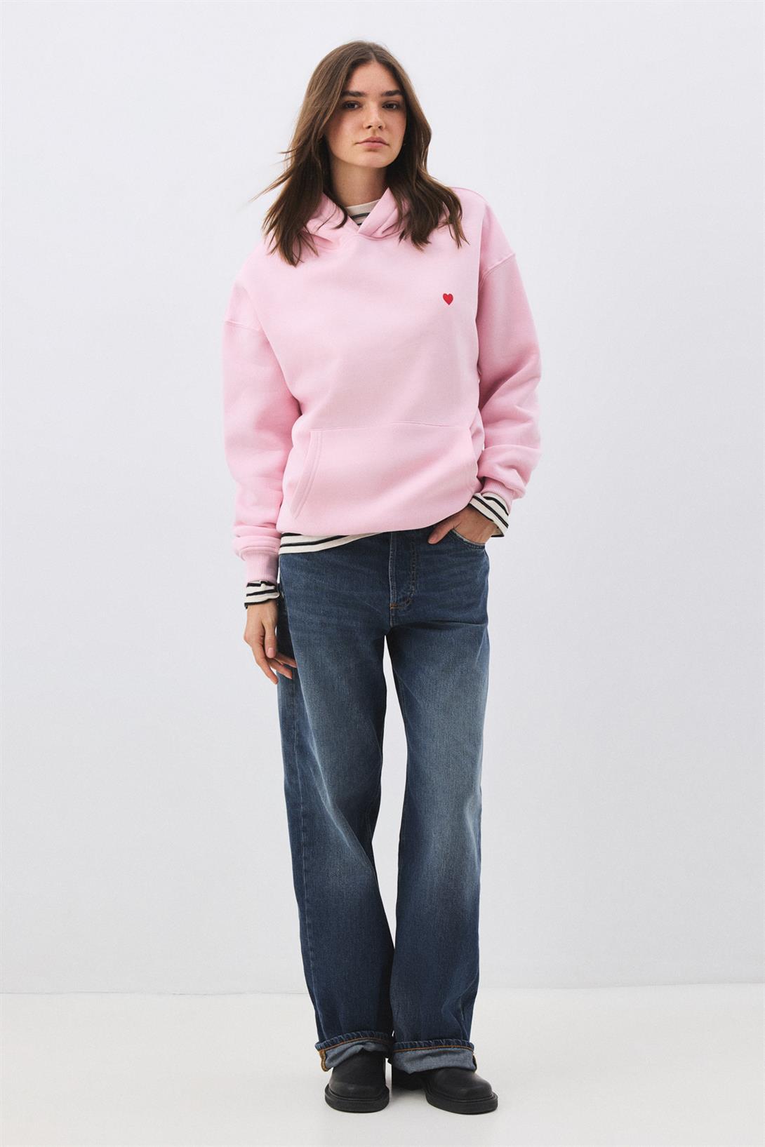 Kadın Minik Kalp Sweatshirt Pembe