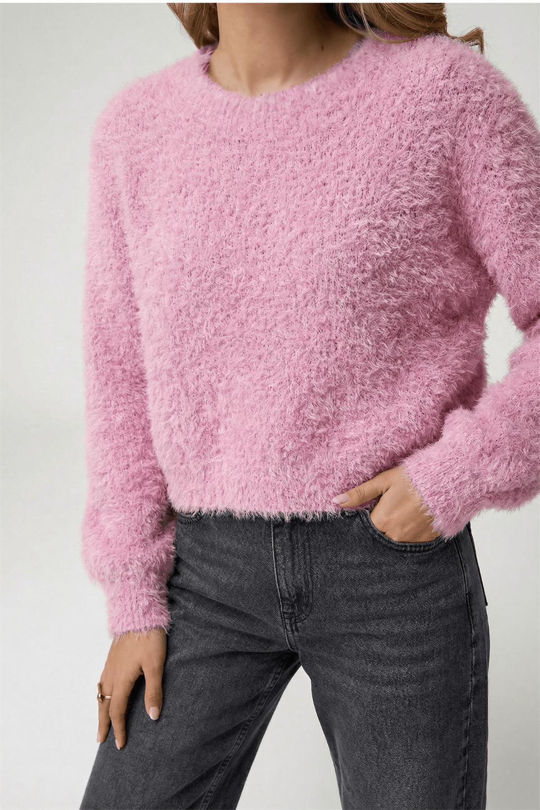 Kadın Peluş Görünümlü Sakallı Bisiklet Yaka Kazak Pembe 