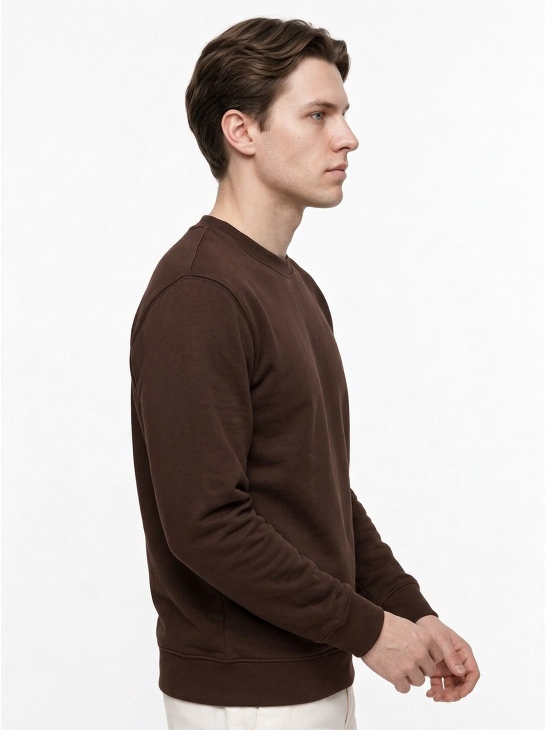 Erkek Standart Fit Normal Kesim 2 İplik Bisiklet Yaka Sweatshirt Kahverengi