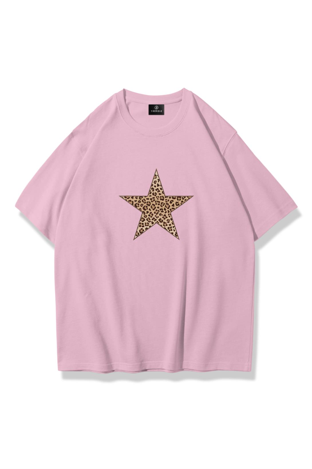 Kadın Leopar Yıldız Tshirt Pembe