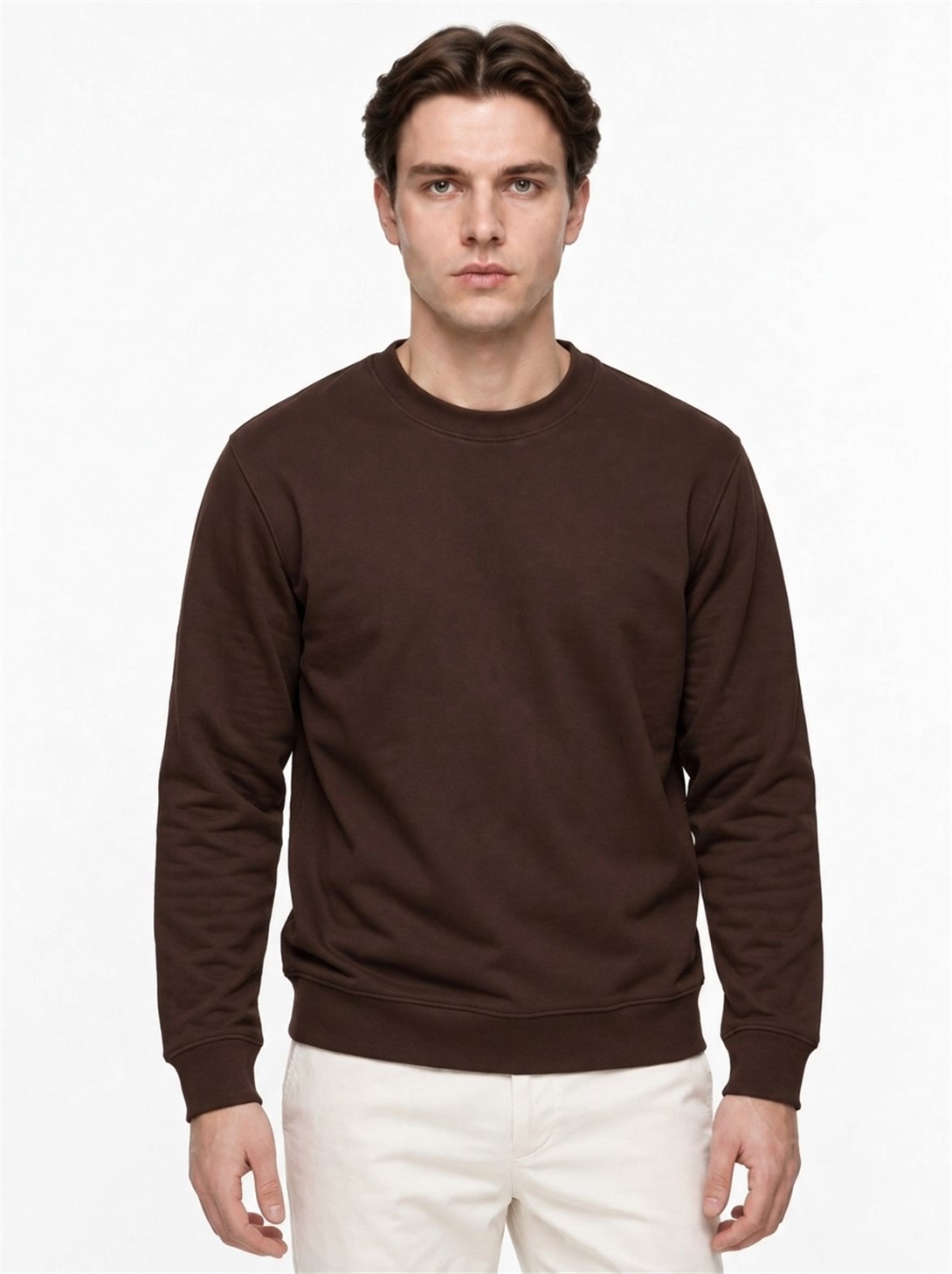 Erkek Standart Fit Normal Kesim 2 İplik Bisiklet Yaka Sweatshirt Kahverengi