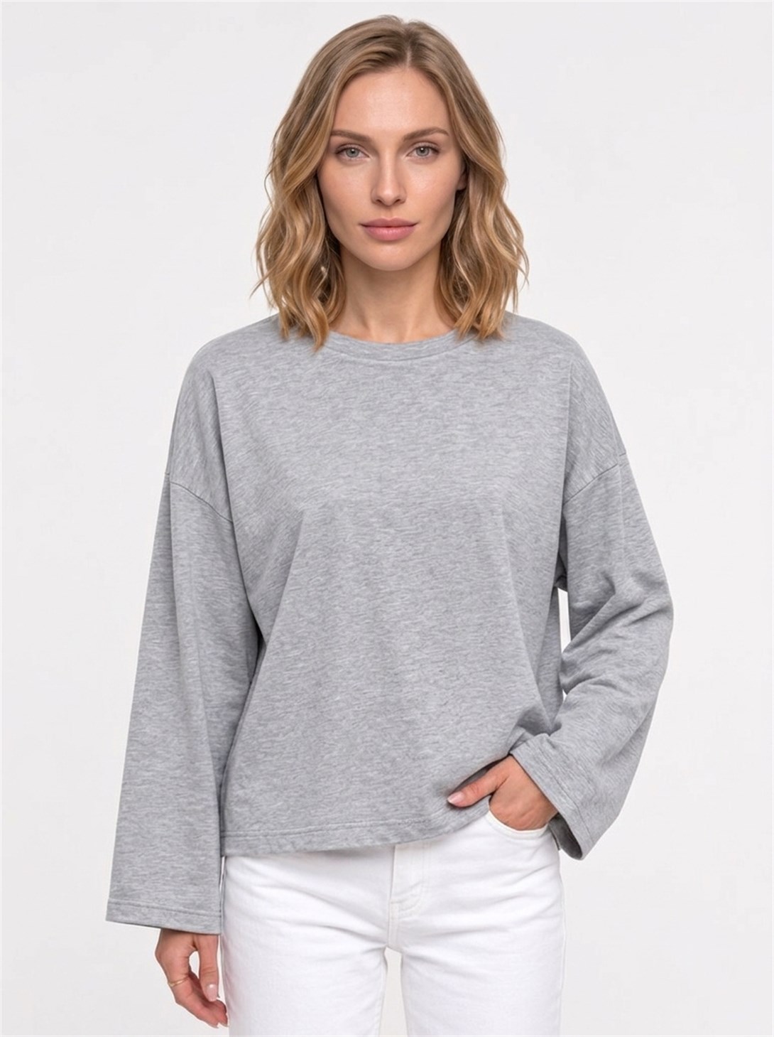 Kadın %100 Pamuk Bisiklet Yaka Uzun Kollu T-shirt Grimelanj