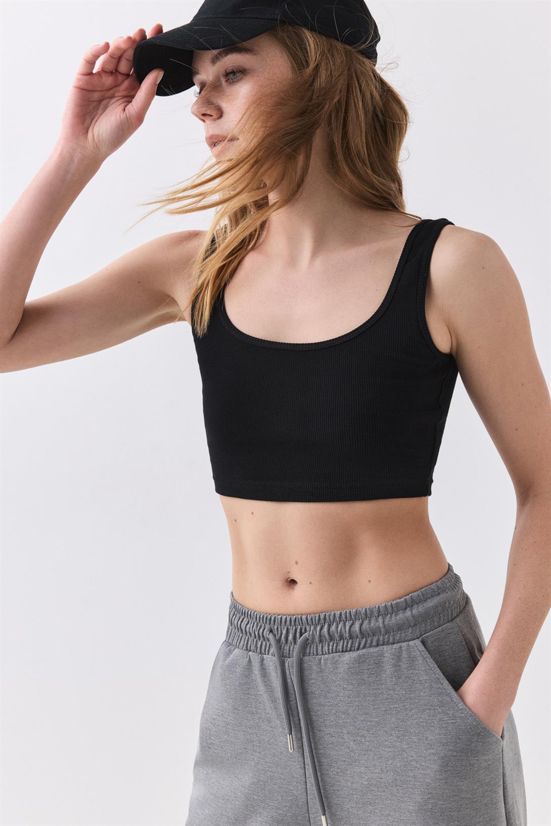 Kadın Askılı Kısa Crop Top Atlet Siyah 9015