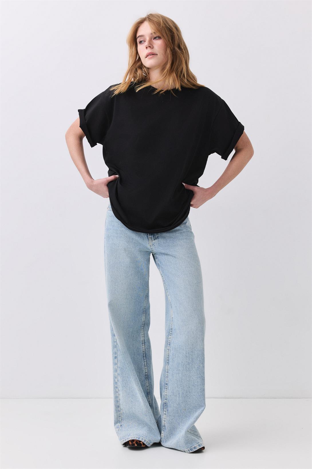 Kadın Pamuk Oversize Basic Tshirt Siyah 5012