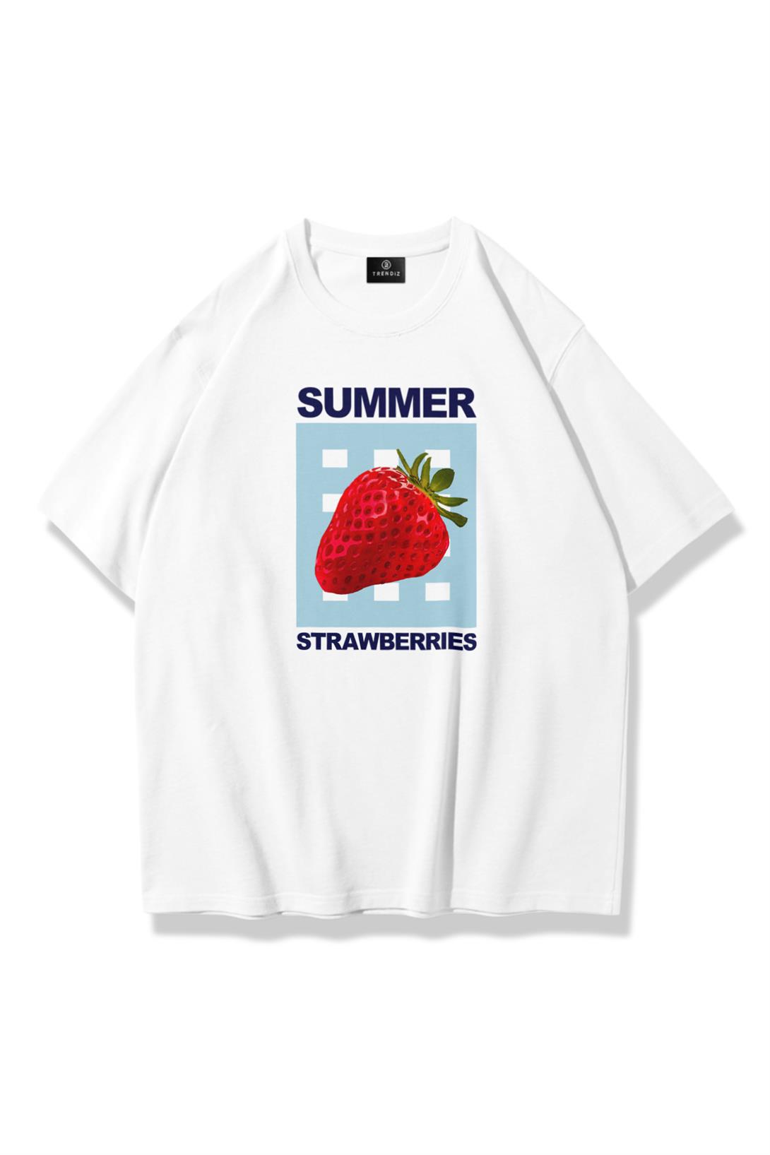 Kadın Summer Strawberries Tshirt Beyaz