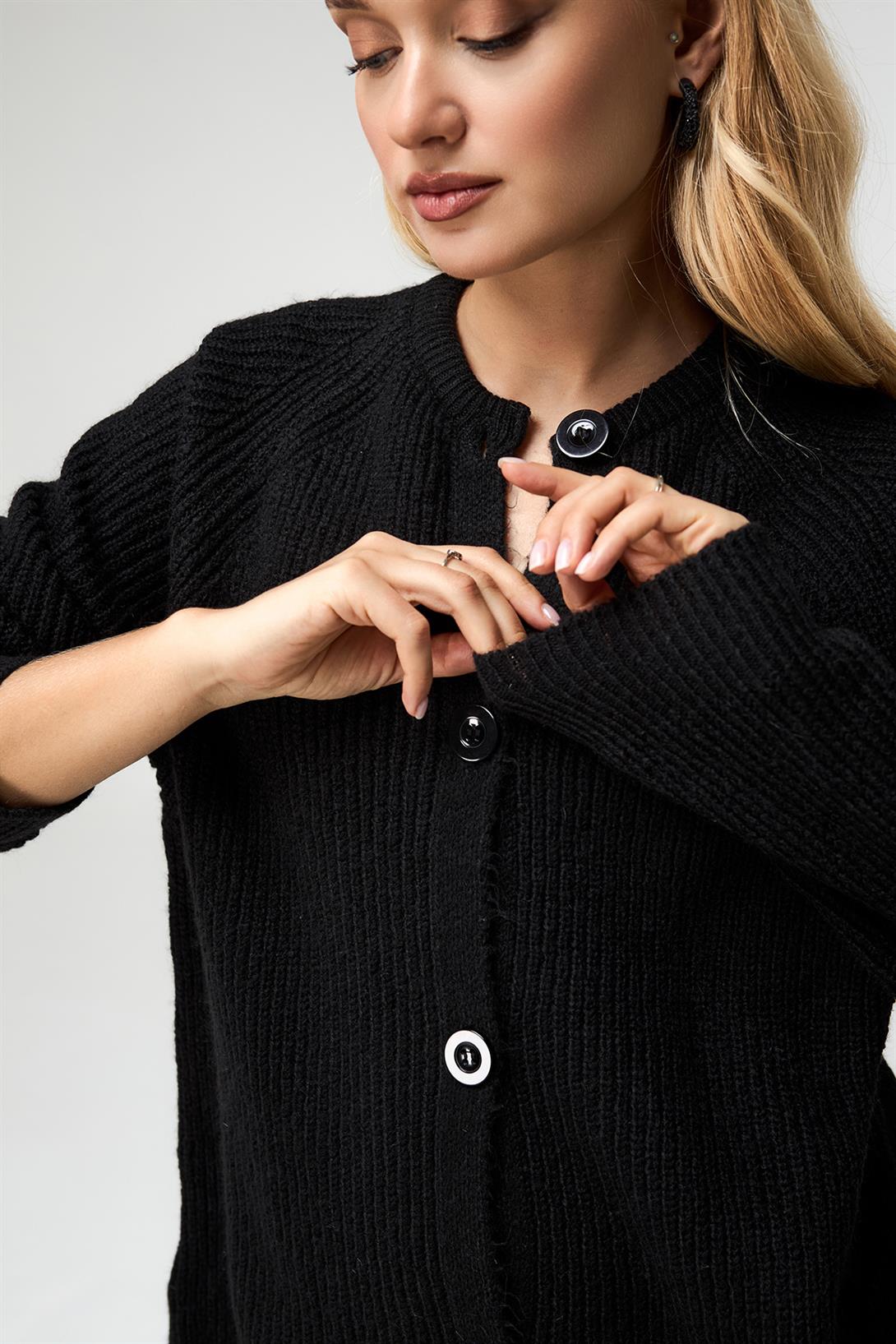 Kadın Yün Karışımlı Düğmeli Triko Hırka Siyah 