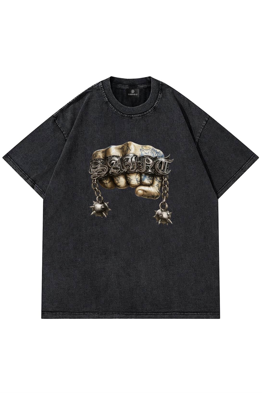 Unisex Saint Ring Yıkamalı Tshirt Antrasit