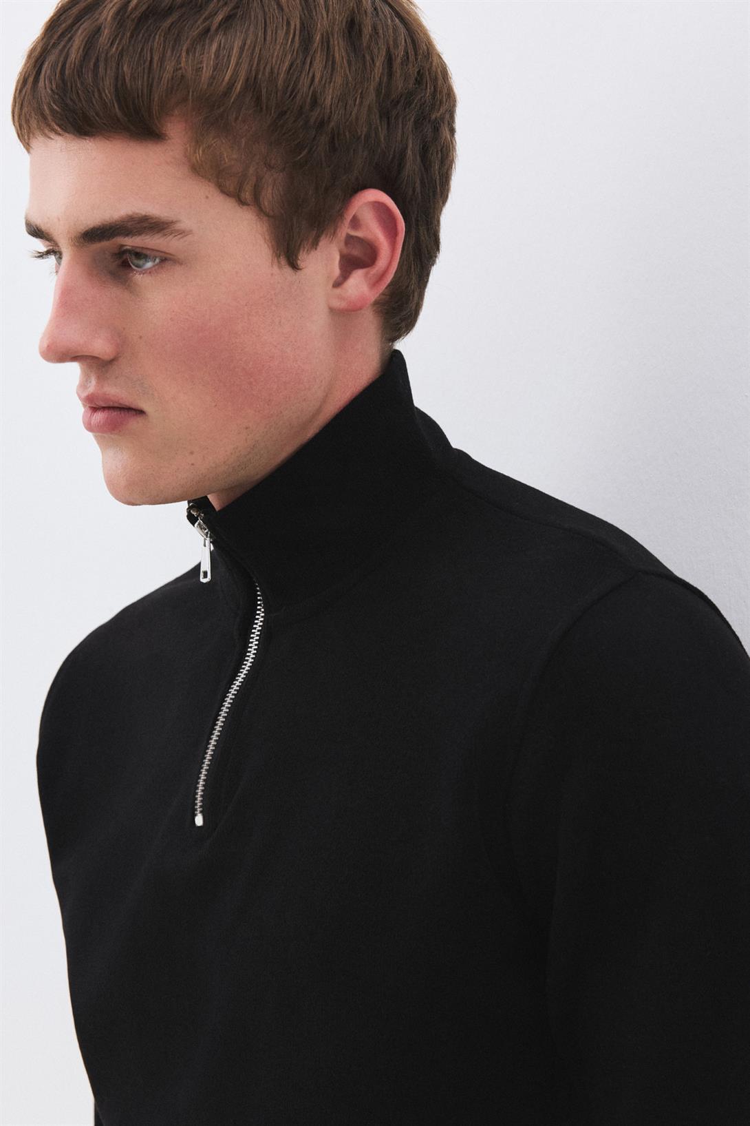 Erkek Standart Fit Pamuklu Selanik Kumaş Yarım Fermuarlı Dik Yaka Sweatshirt Siyah