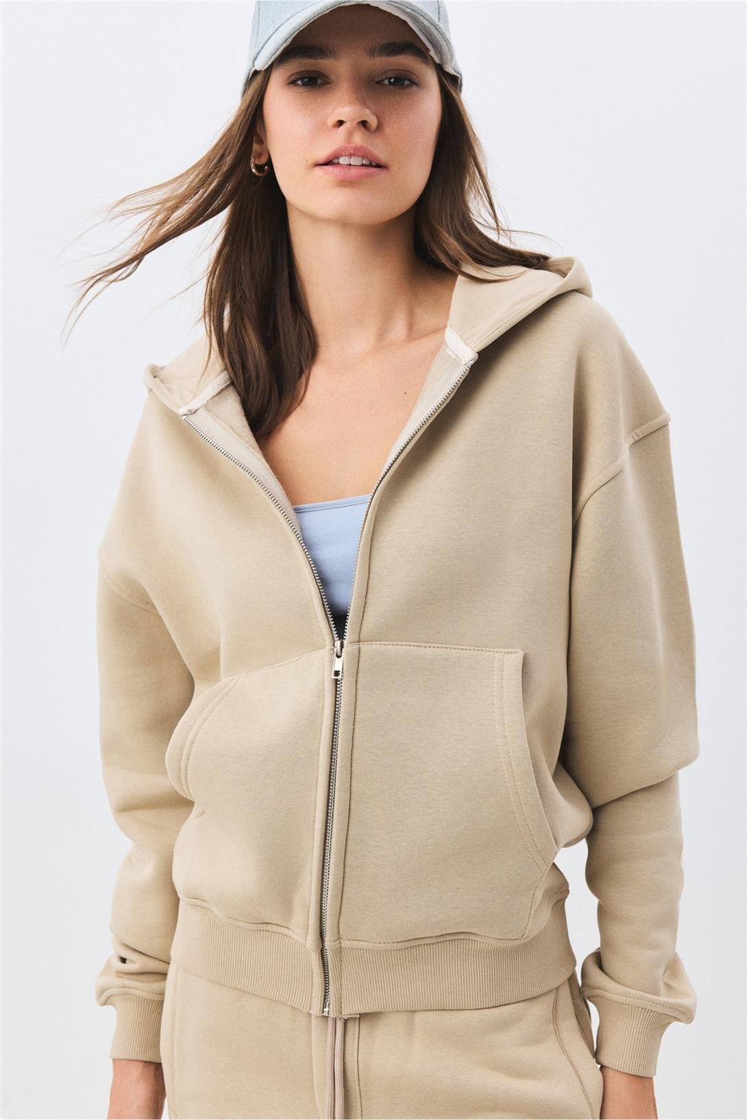 Kadın Premium Fermuarlı Kapşonlu Sweatshirt Taş 2032