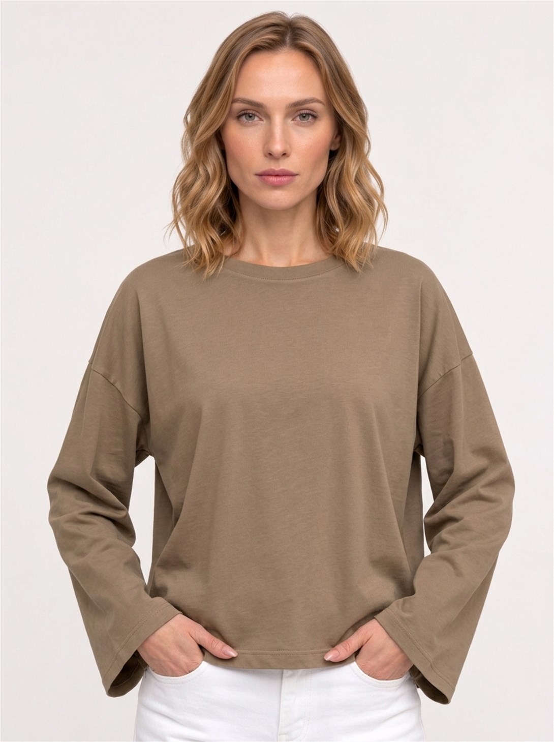 Kadın %100 Pamuk Bisiklet Yaka Uzun Kollu T-shirt Vizon