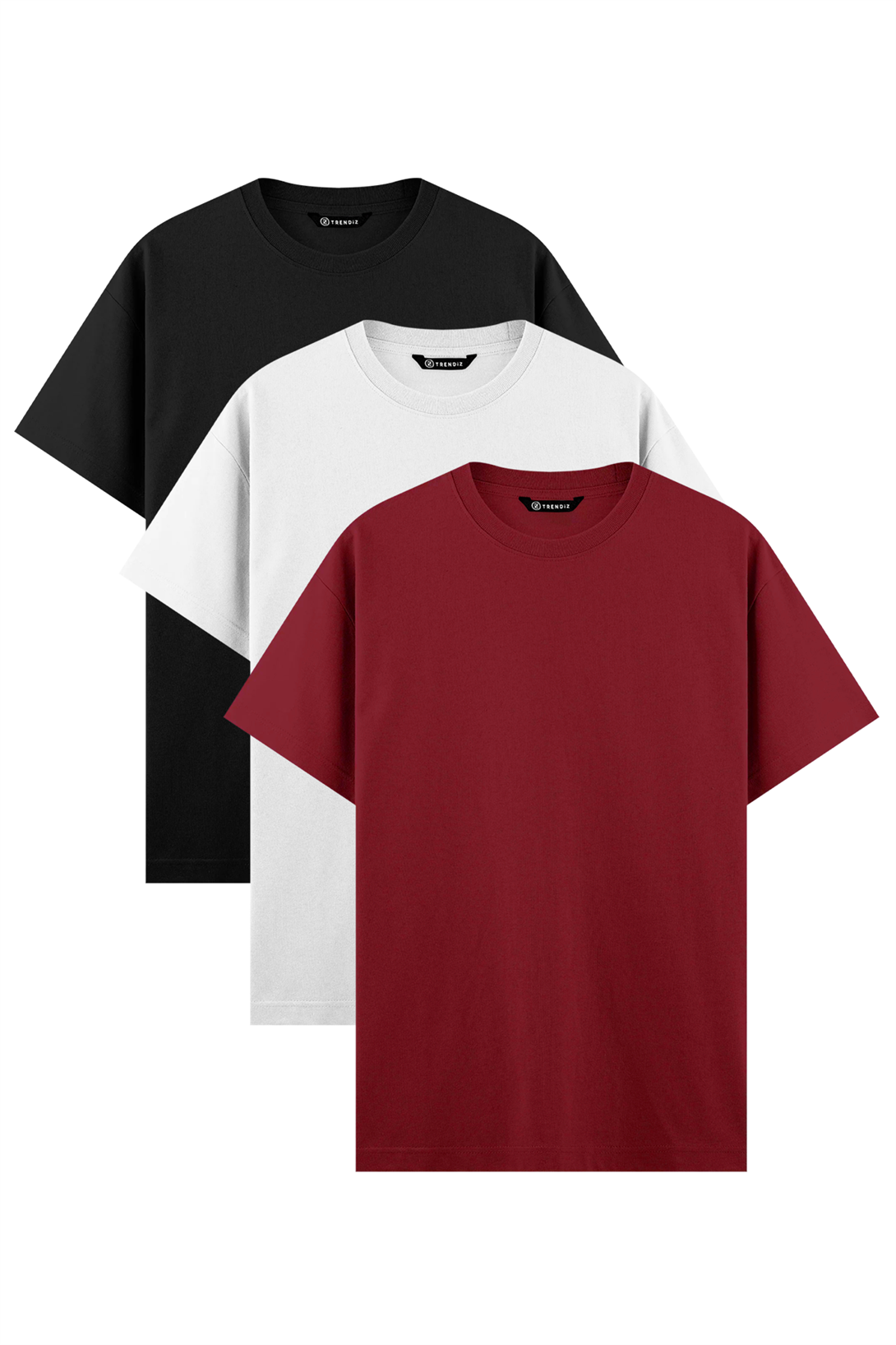 Erkek %100 Pamuk Basic Tshirt 3 lü Paket Siyah Beyaz Bordo 2091