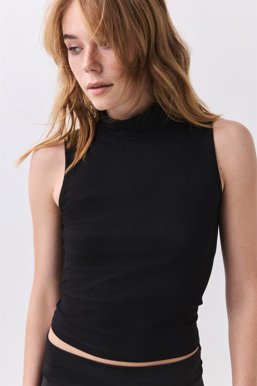 Kadın Viskon Likra Balıkçı Yaka Sıfır Kol Bluz Siyah 4011