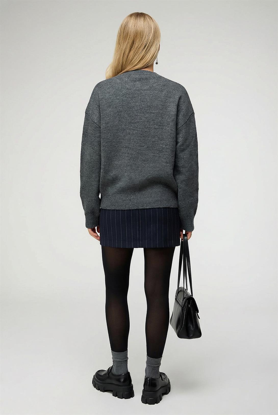 Kadın Mavi Kol Detaylı Düğmeli Hırka Kazak Antrasit