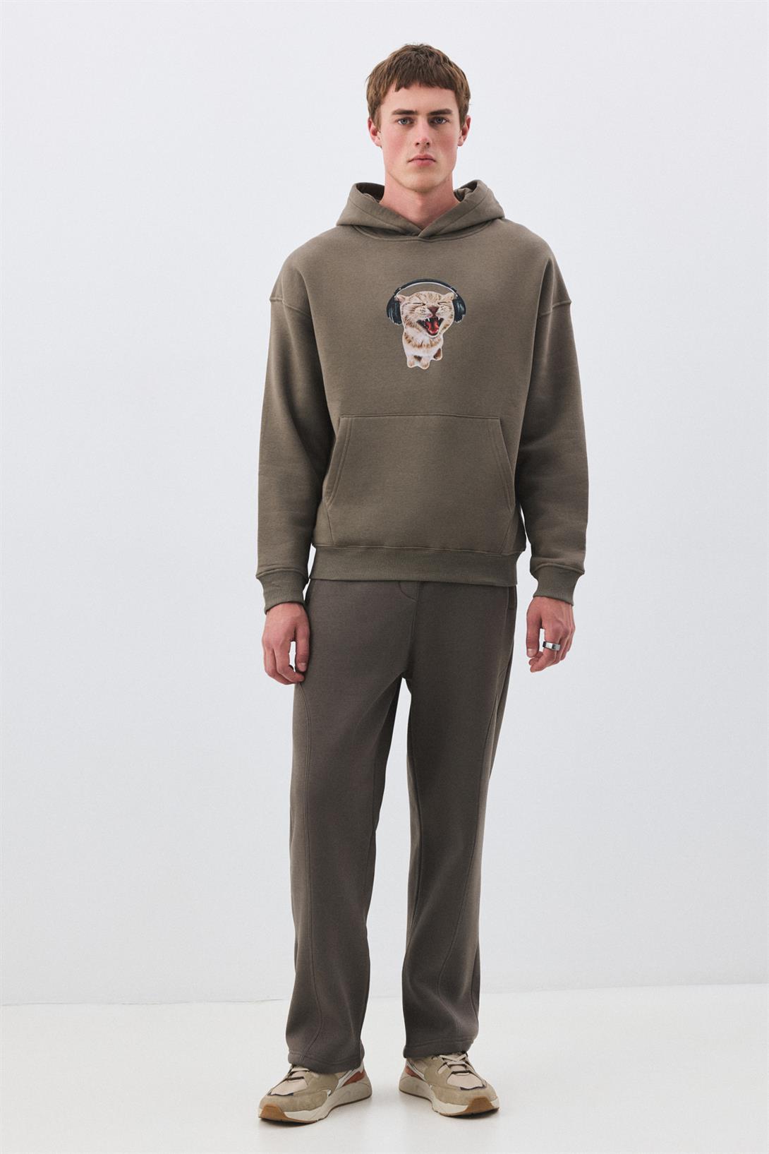 Unisex Kulaklıklı Kedi Sweatshirt Antrasit