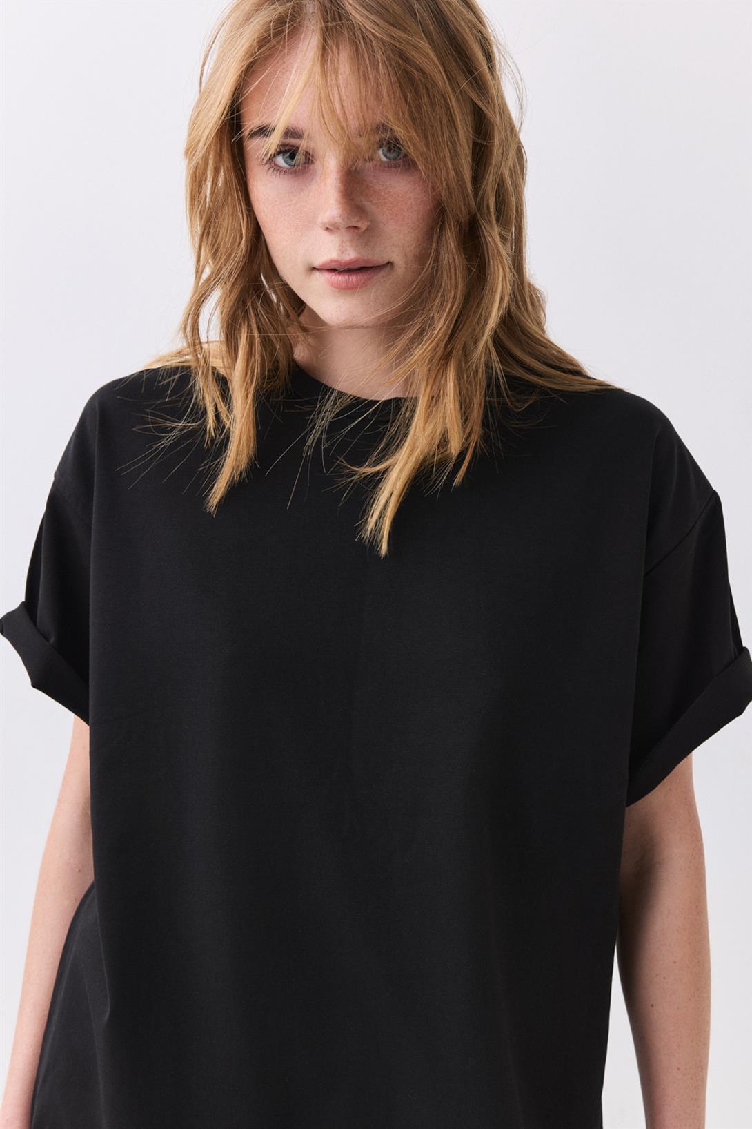 Kadın Pamuk Oversize Basic Tshirt Siyah 5012
