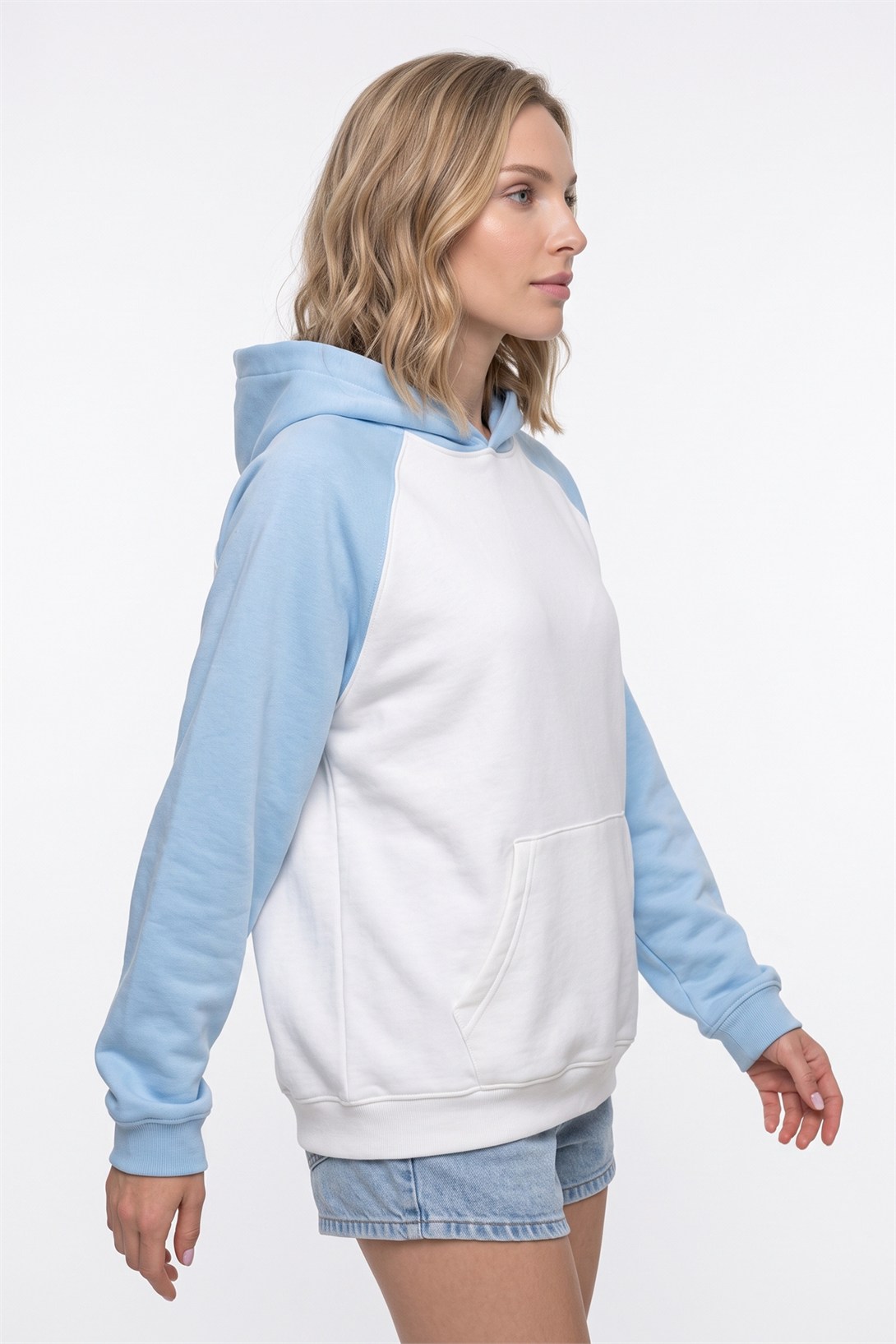 Kadın Reglan Kol Sweatshırt Mavi Beyaz