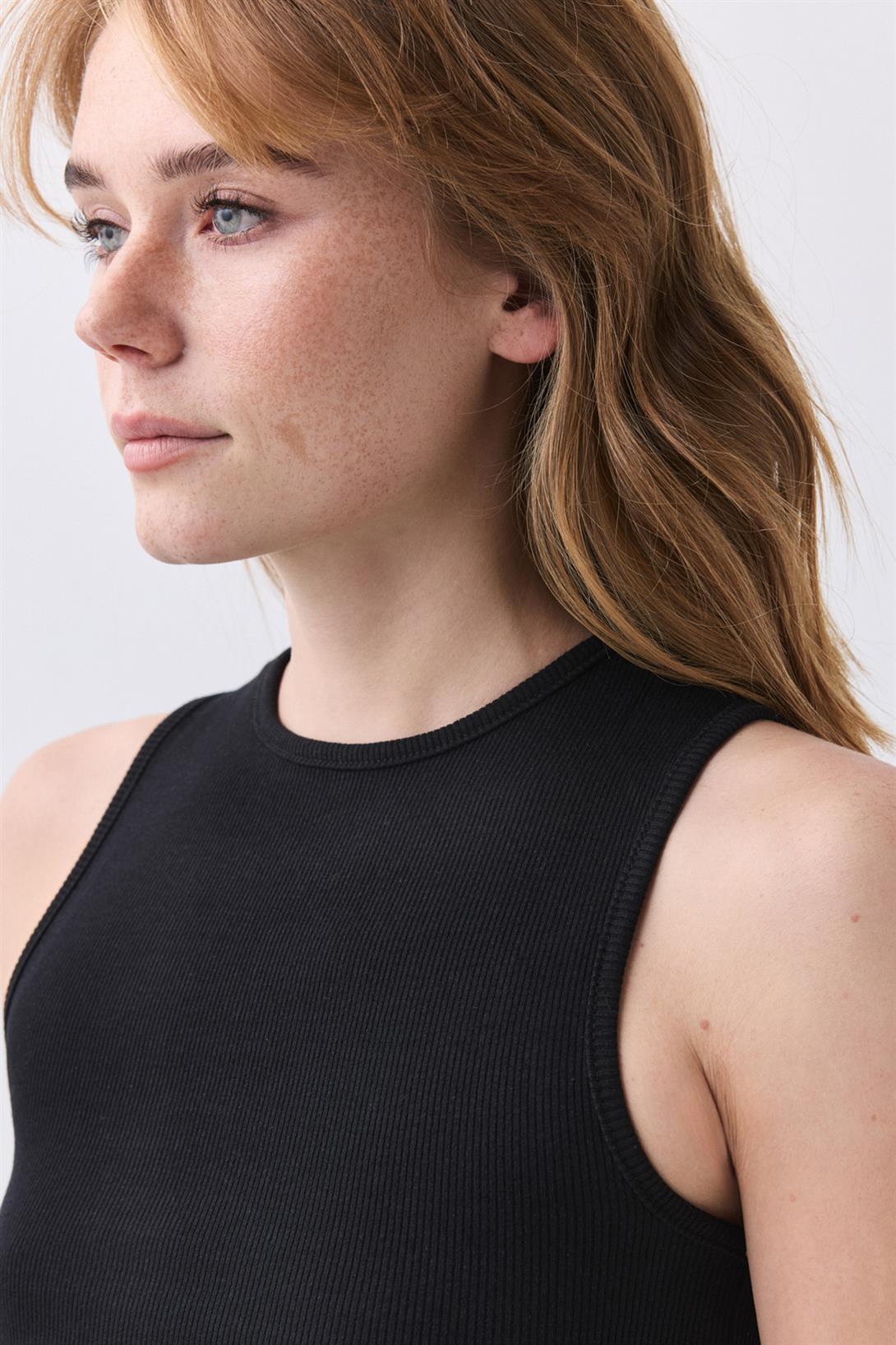 Kadın Pamuklu Fitilli Esnek Kumaşlı Crop Bluz Siyah 9014