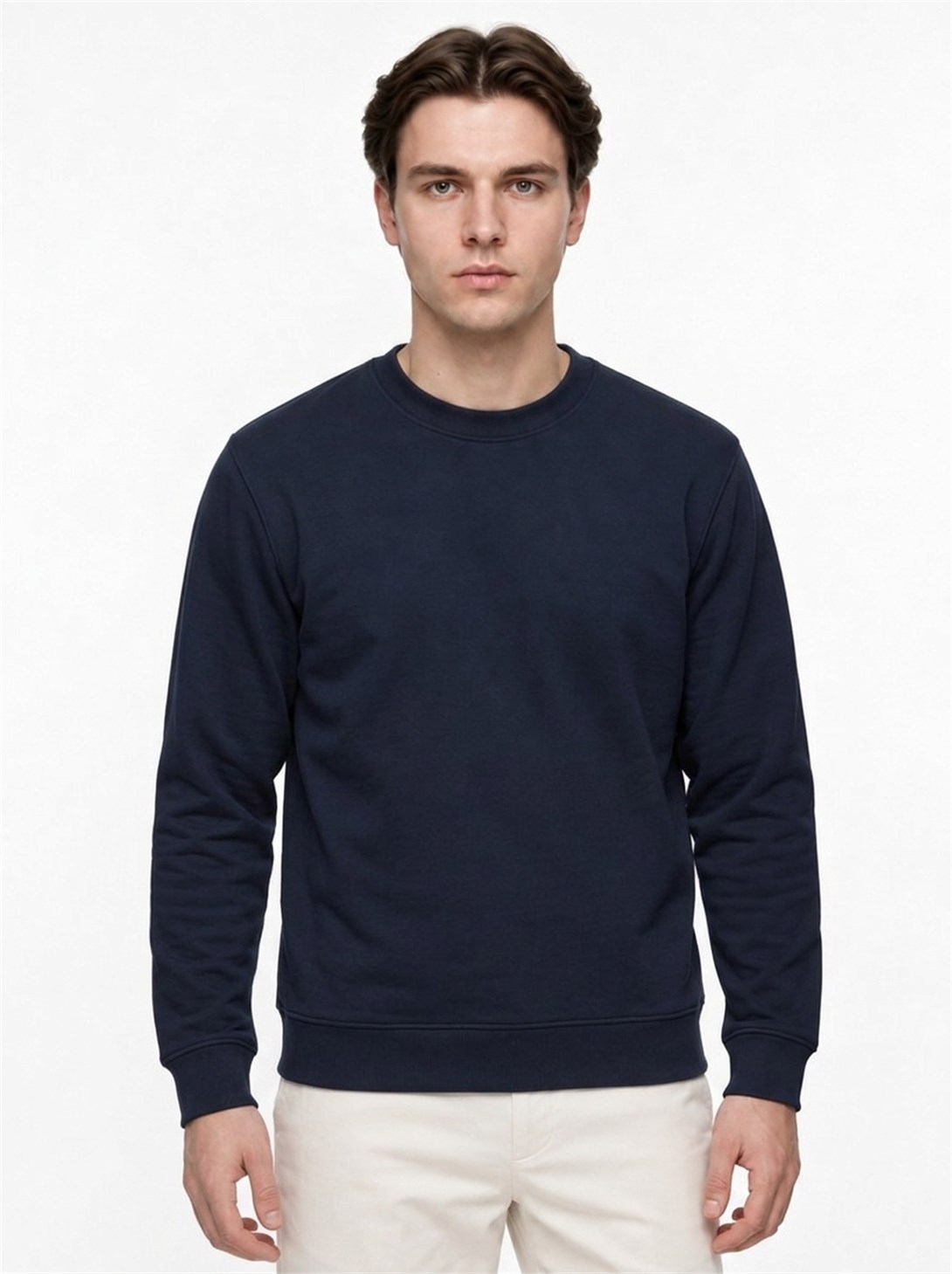 Erkek Standart Fit Normal Kesim 2 İplik Bisiklet Yaka Sweatshirt Lacivert